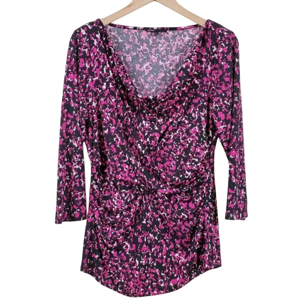 CHAUS Draped Floral Blouse Womens Size M Black Magenta Stretch 3 4 Sleeve